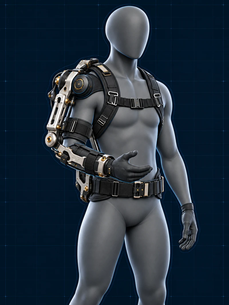 Clarified SITEARM visual-intent illustration: a human mannequin wearing an upper-limb mechanism, with padded cuffs and a proposed torso connection. Not a CAD export.